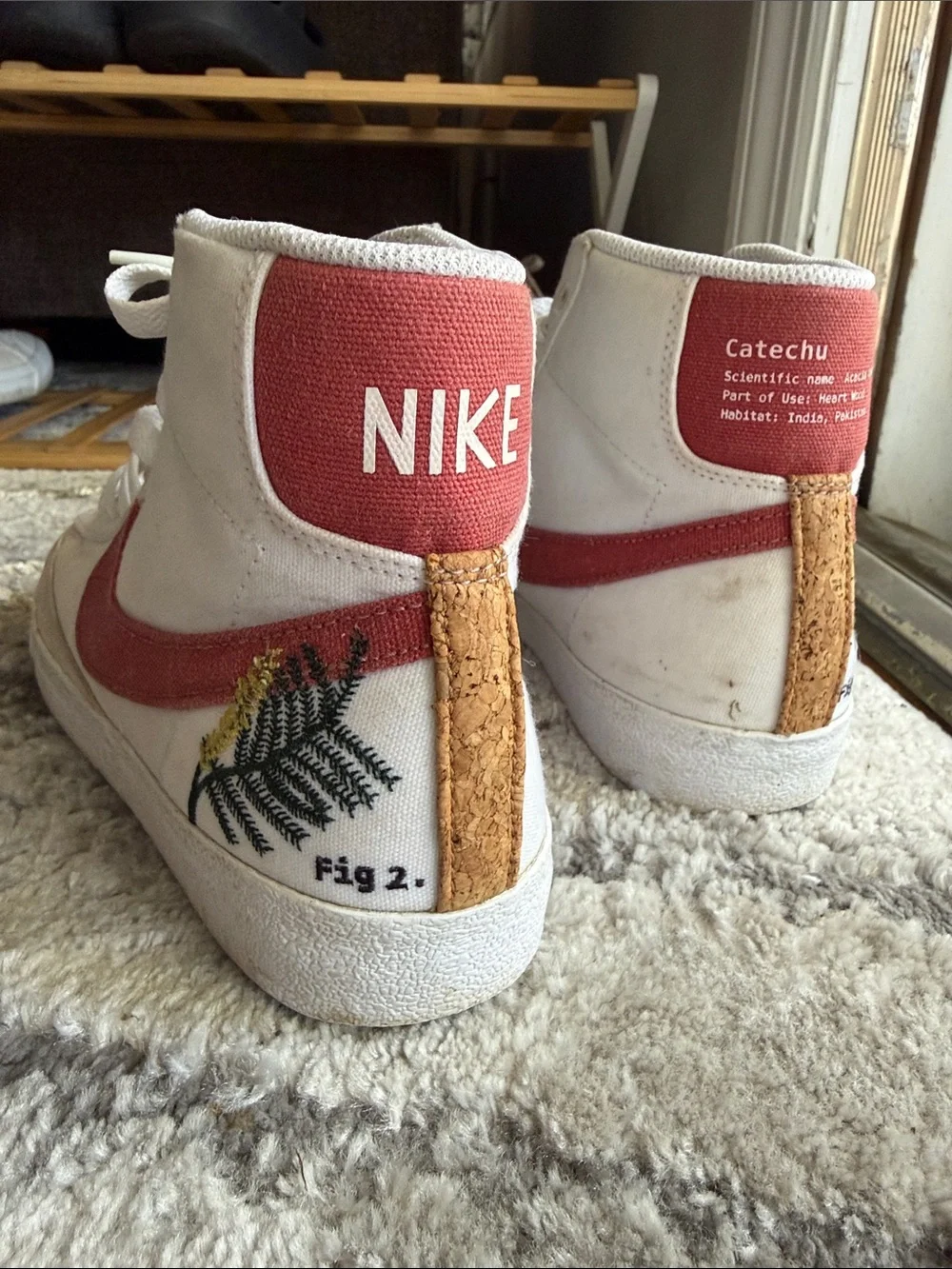Nike Women high-Top Sneakers in Cream with Coral Swoosh Green Embroidery Blazers